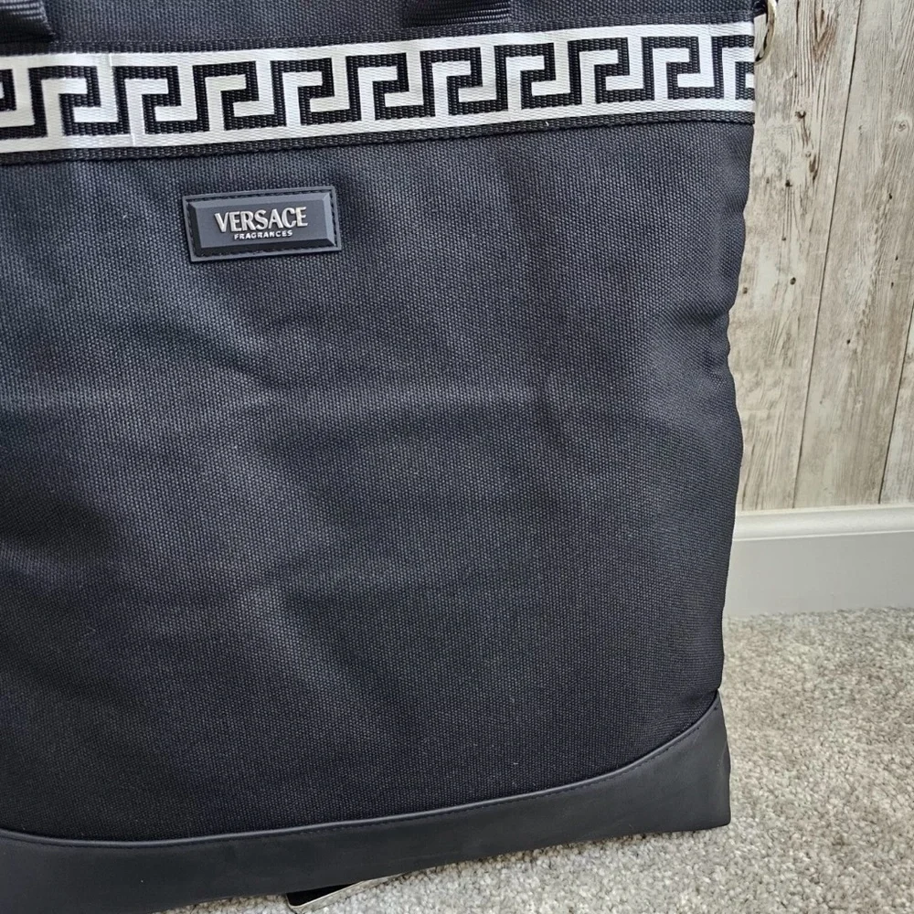 Versace Black Canvas Tote with Greek Key Trim
